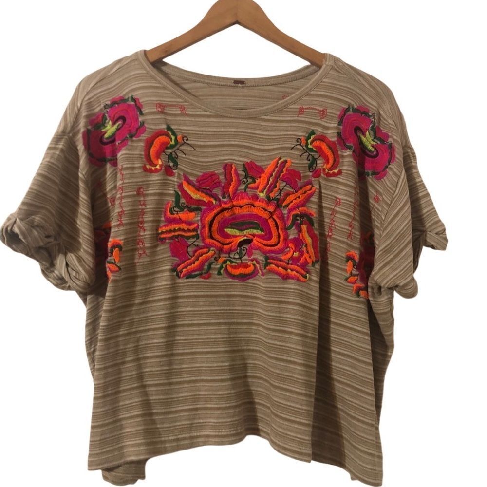Free People Catalunya Cropped Floral Embroidered Striped Knit Tshirt Small